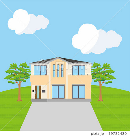 丘の上に建つ青空背景の一戸建て 一軒家のイラスト 二階建て マイホーム 木造住宅 ベクターデータのイラスト素材