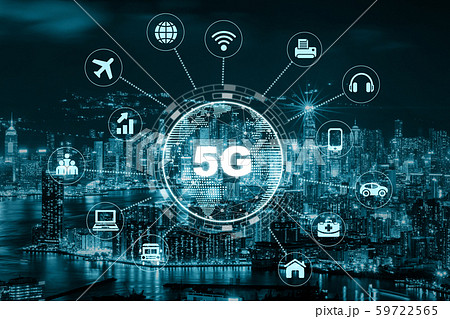 5G technology with earth dot in center of various icon internet of thing over the Aerial View of Hong Kong Cityscape, Wireless communication connection network concept. 5G technology with earth dot in center of various icon internet of thing over the Aerial View of Hong Kong Cityscape, Wireless communication connection network concept. 59722565