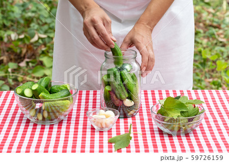 Woman's hands put cucumber in glass jar for preservation 59726159
