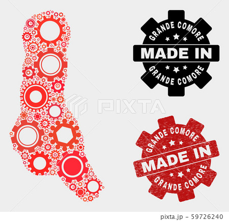 Mosaic Grande Comore Island Map of Cog Items and Grunge Seal 59726240