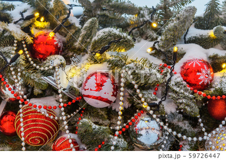 Christmas trees decorated with balls and lights, 59726447