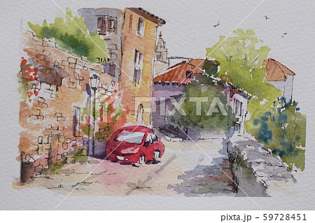 ヨーロッパの小さな村 水彩画 風景画のイラスト素材