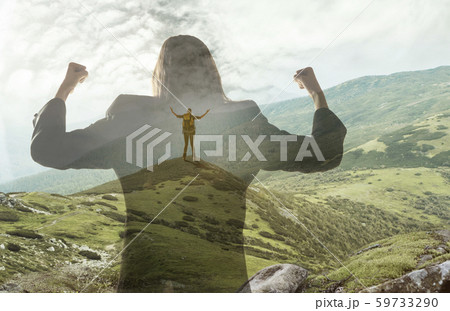 Silhouette of businesswoman with landscapes on background, double exposure. 59733290