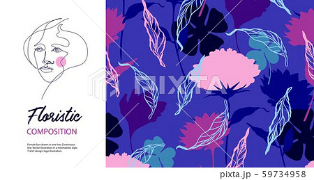 Female profile drawn in one line. Silhouettes of flowers. Horizontal banner. Female profile drawn in one line. Silhouettes of flowers. Horizontal banner. 59734958