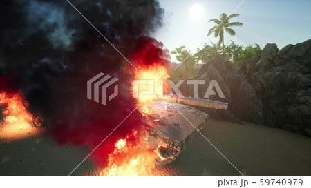 burned tank in the desert at sunset burned tank in the desert at sunset 59740979