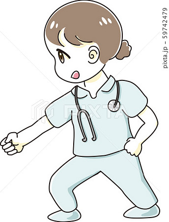 看護師 ナース キャラクター 聴診器 気合の入った ポーズ 居合い かわいい 忍者 侍 武道 武術のイラスト素材