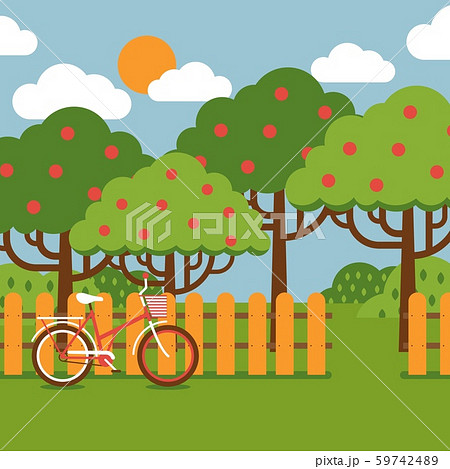 Orchard Landscape In Flat Style Vector のイラスト素材