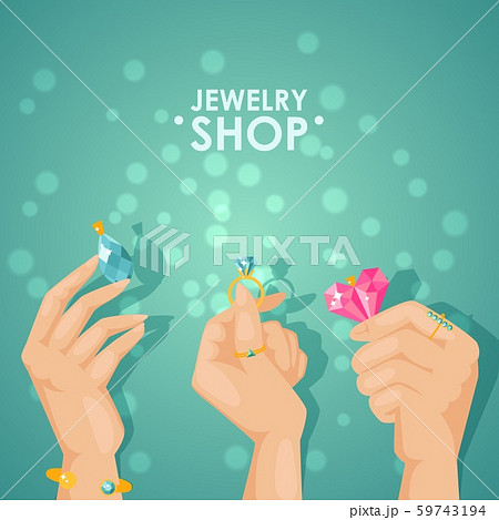 Jewelry shop poster, vector illustration. Hands holding jewels with sparkling gems and diamonds Jewelry shop poster, vector illustration. Hands holding jewels with sparkling gems and diamonds 59743194
