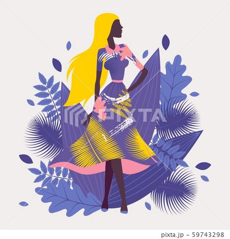 Fashion model demonstrating new clothes collection, vector illustration. Attractive slim girl in 59743298