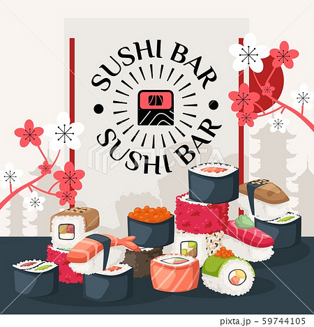 Sushi bar poster, vector illustration. Asian restaurant menu cover, sushi delivery advertisement Sushi bar poster, vector illustration. Asian restaurant menu cover, sushi delivery advertisement 59744105