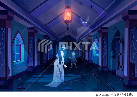 Old castle hall with ghosts dark scary palace room 59744190
