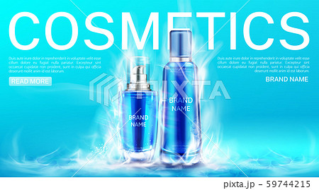 Cosmetics bottles in dry ice smoke cloud landing Cosmetics bottles in dry ice smoke cloud landing 59744215