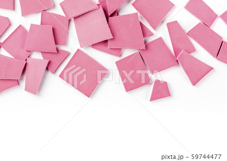 Ruby chocolate slices, overhead shot on a white background with a place for text 59744477