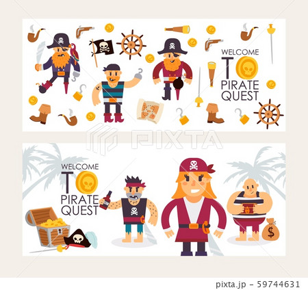 Pirate quest invitation, vector illustration. Flat style banner with funny cartoon characters, and 59744631