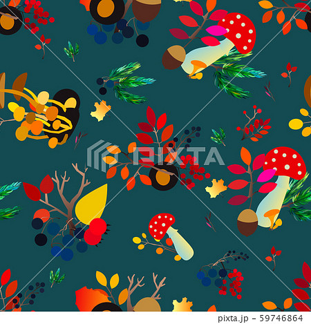 Autumn vector seamless pattern with berries, acorns, pine cone, mushrooms, branches and leaves. Autumn vector seamless pattern with berries, acorns, pine cone, mushrooms, branches and leaves. 59746864