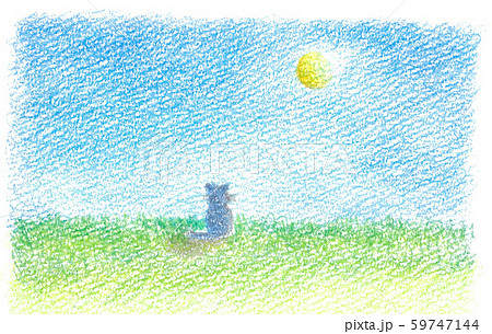 空と猫と草原のイラスト素材