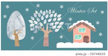 冬の素材 かわいい木と家のイラスト素材