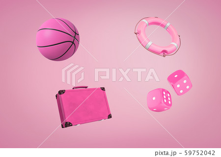 3d rendering of pink retro suitcase, basketball ball, casino dice and boat lifebuoy on pink 3d rendering of pink retro suitcase, basketball ball, casino dice and boat lifebuoy on pink 59752042