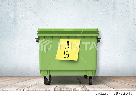 3d rendering of green trash can standing on wooden floor, yellow post-it note with hand-drawn bottle 3d rendering of green trash can standing on wooden floor, yellow post-it note with hand-drawn bottle 59752049