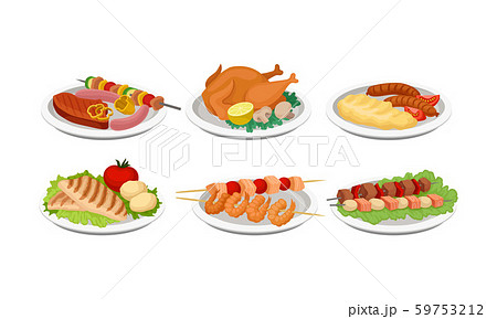 Grilled Food Vector Set. Barbeque Meat and Fish Collection 59753212