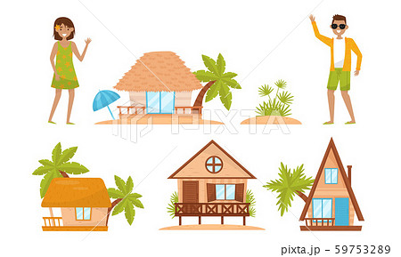Summer Beach Houses Vector Set. People Characters Enjoying Vacation Time 59753289