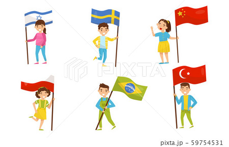 Children hold flags of different countries. Vector illustration. Children hold flags of different countries. Vector illustration. 59754531