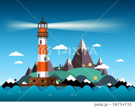 Island with Lighthouse on Sea and Mountains Vector 59754735