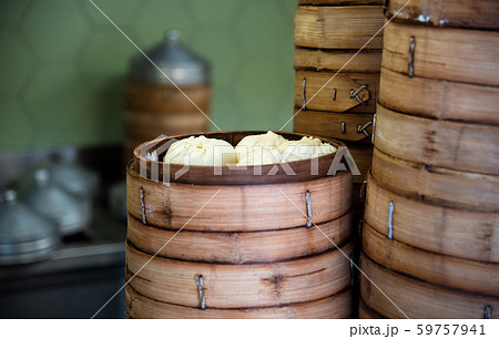 Fresh baozi in bamboo steamer on Chinese food Fresh baozi in bamboo steamer on Chinese food 59757941