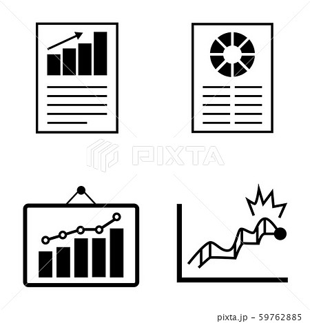 グラフ 棒グラフ 円グラフ 折れ線グラフ 矢印 書類 ボード アイコン 白黒のイラスト素材
