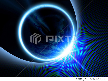 光の輪と幾何学的な青い網目の背景のイラスト素材