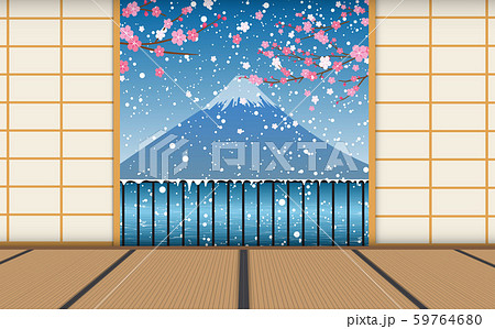 view of snowfall at fuji mountain in japanese 59764680