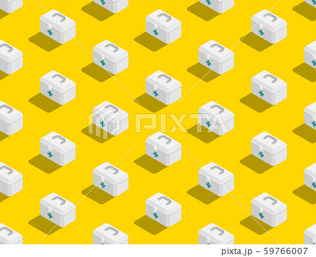 First aid kit box 3D isometric seamless pattern, Rescue antibiotic concept poster and banner design illustration isolated on yellow background, vector eps 10 59766007