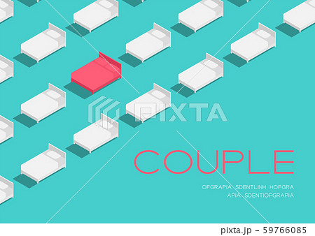 Bed king and twin size 3d isometric pattern, Couple relationship lifestyle concept poster and social banner post horizontal design illustration isolated on blue background with space, vector eps 10 59766085