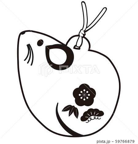 年 年賀状 子年 かわいい土鈴 縁起物 モノクロ 白黒のイラスト素材