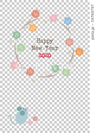 帶有可愛北歐風格花卉租賃和鼠標的新年賀卡 帶有可愛北歐風格花卉租賃和鼠標的新年賀卡 59769797