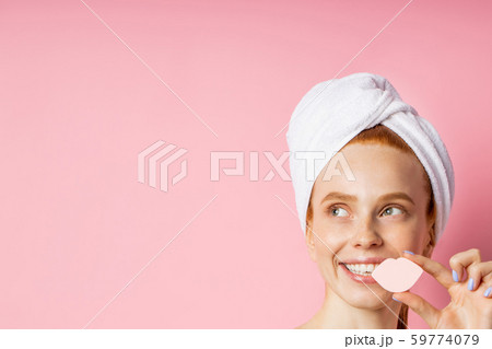 Portrait of lovely lady with naked shoulders isolated on pink background Portrait of lovely lady with naked shoulders isolated on pink background 59774079