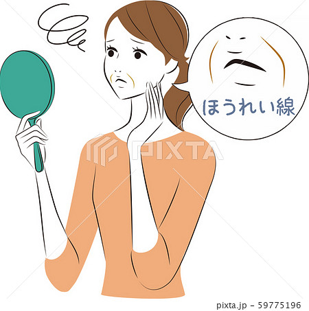 鏡を見る女性 ほうれい線のイラスト素材