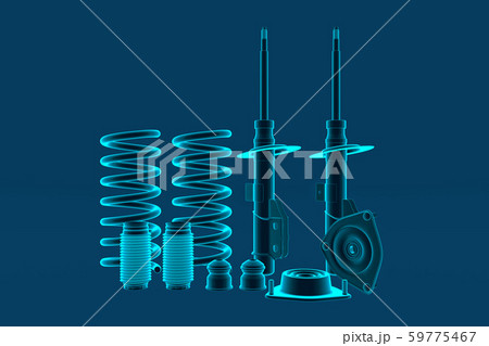 Passenger car Shock Absorber with dust cap, buffer mounting and strut mounting. 3D rendering. 59775467