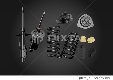 Passenger car Shock Absorber with dust cap, buffer mounting and strut mounting. 3D rendering. 59775469