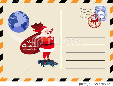 Christmas and New Year Postcard with stamps and mark. Santa Claus bag with gifts Drone flies above Christmas and New Year Postcard with stamps and mark. Santa Claus bag with gifts Drone flies above 59776512
