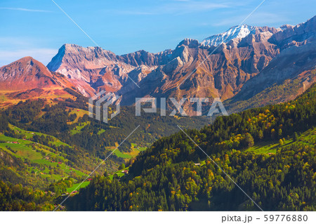 Colorful rocky mountains at sunset, Swiss Alps 59776880