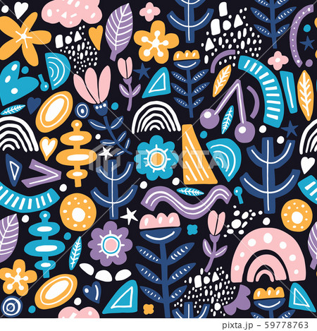 Collage style seamless pattern with abstract and organic shapes in pastel color on dark. Modern and 59778763