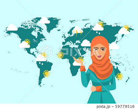 Muslim woman TV weather forecast reporter at work vector illustration. Muslim girl meteorology at Muslim woman TV weather forecast reporter at work vector illustration. Muslim girl meteorology at 59779516