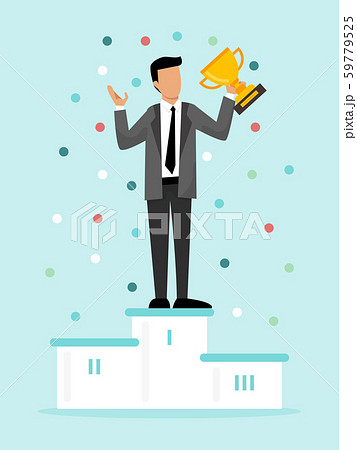 Businessman standing on the winning podium holding up golden cup vector illustration. Business man 59779525