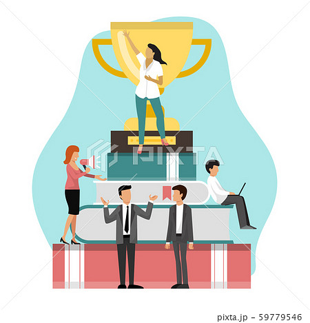 Winner and big golden cup standing on stack of books vector illustration. Graduate victory in Winner and big golden cup standing on stack of books vector illustration. Graduate victory in 59779546