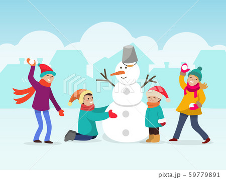 Children making snowman vector illustration. Two child make snow man, other playing snowballs 59779891