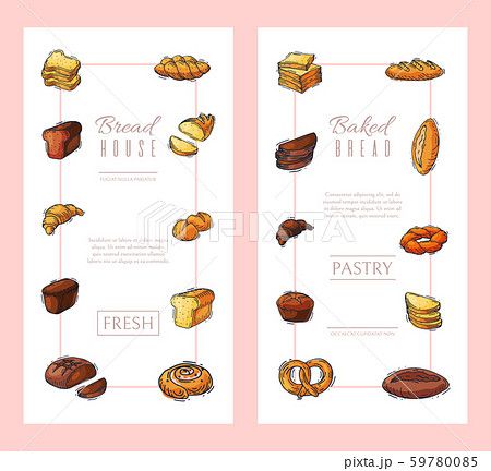 Fresh bread loaf vertical banner vector illustration. Baking loaves, bagels and ciabatta. Whole 59780085