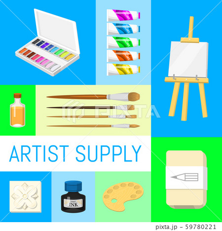 Painter tools bright set vector illustration. Artist equipment are watercolor, palette and paint 59780221