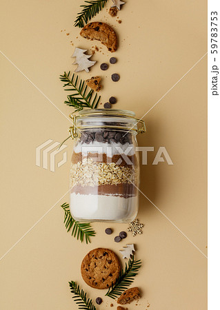 Chocolate chips cookie mix in glass jar for Christmas gift 59783753