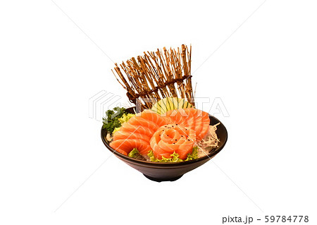 fresh slice salmon sashimi Japanese food serving on ice in bowl with white background 59784778